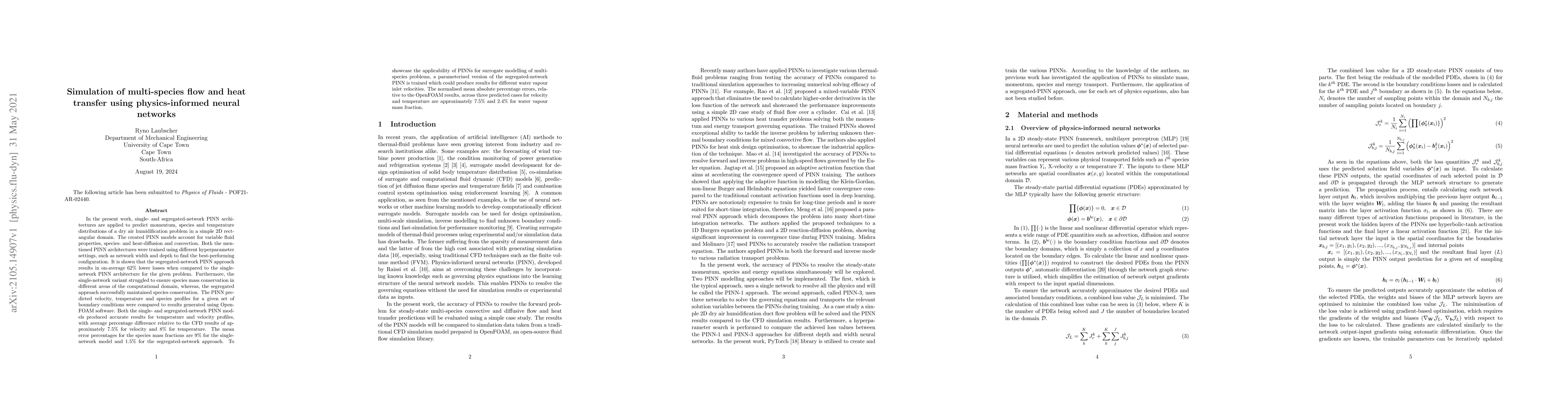 Thumbnail for Simulation of multi-species flow and heat transfer using
  physics-informed neural networks
