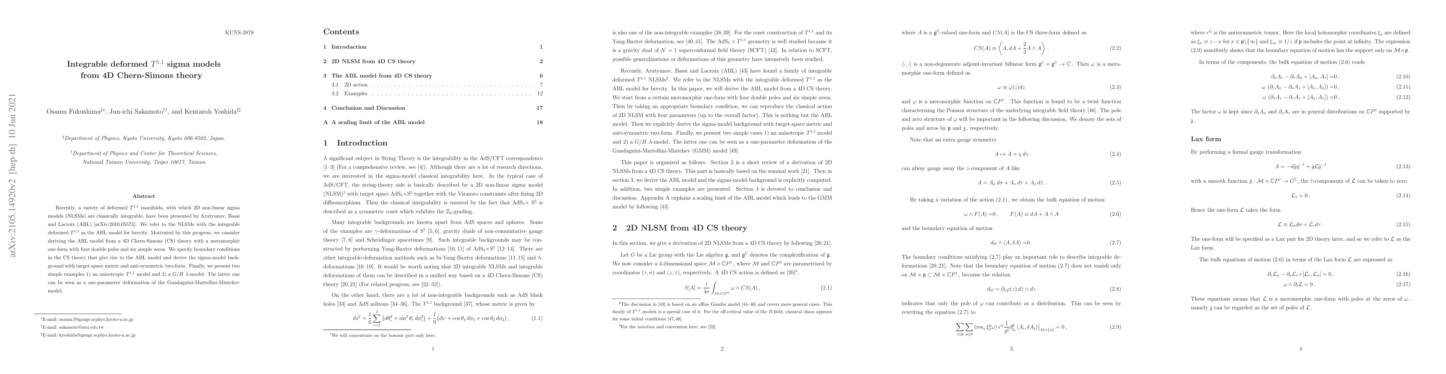 Thumbnail for Integrable deformed $T^{1,1}$ sigma models from 4D Chern-Simons theory