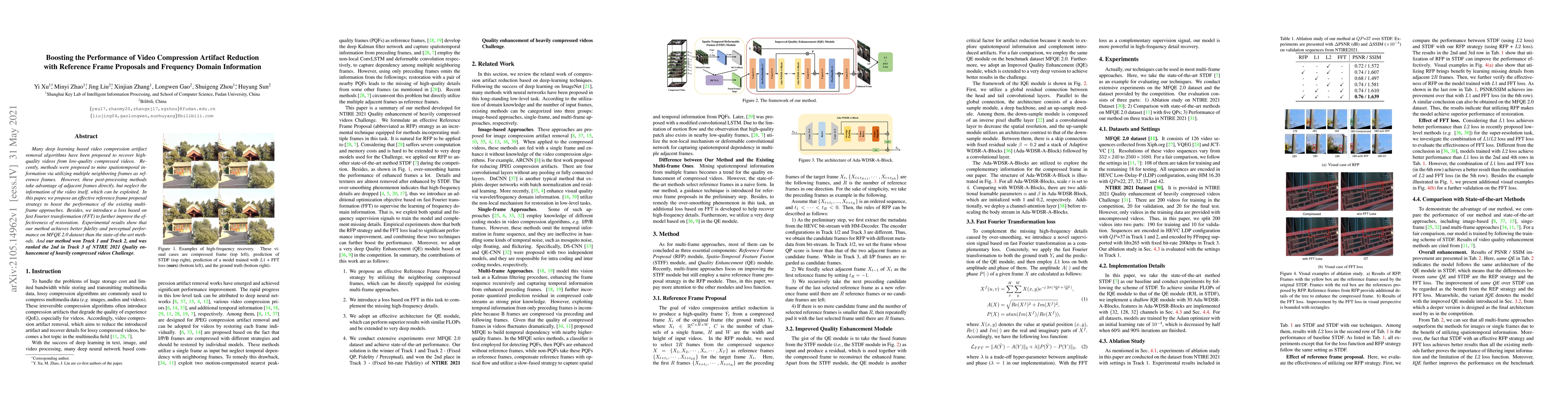 Thumbnail for Boosting the Performance of Video Compression Artifact Reduction with
  Reference Frame Proposals and Frequency Domain Information