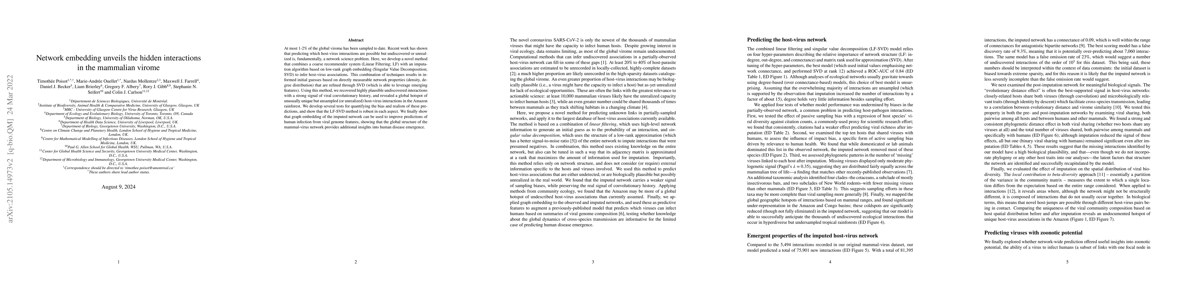 Thumbnail for Network embedding unveils the hidden interactions in the mammalian
  virome