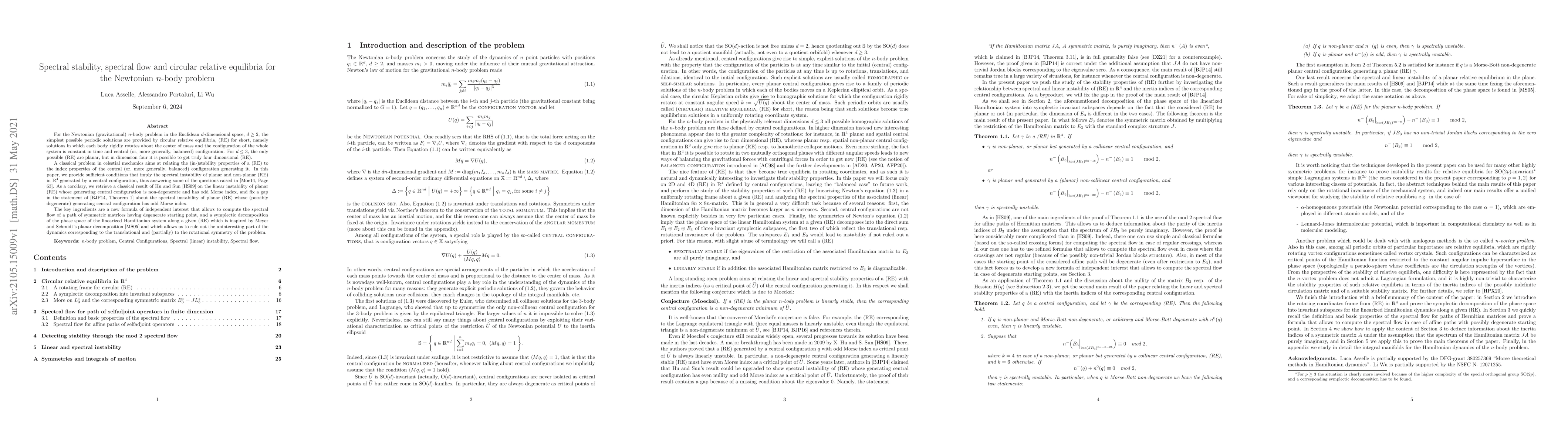 Thumbnail for Spectral stability, spectral flow and circular relative equilibria for
  the Newtonian $n$-body problem