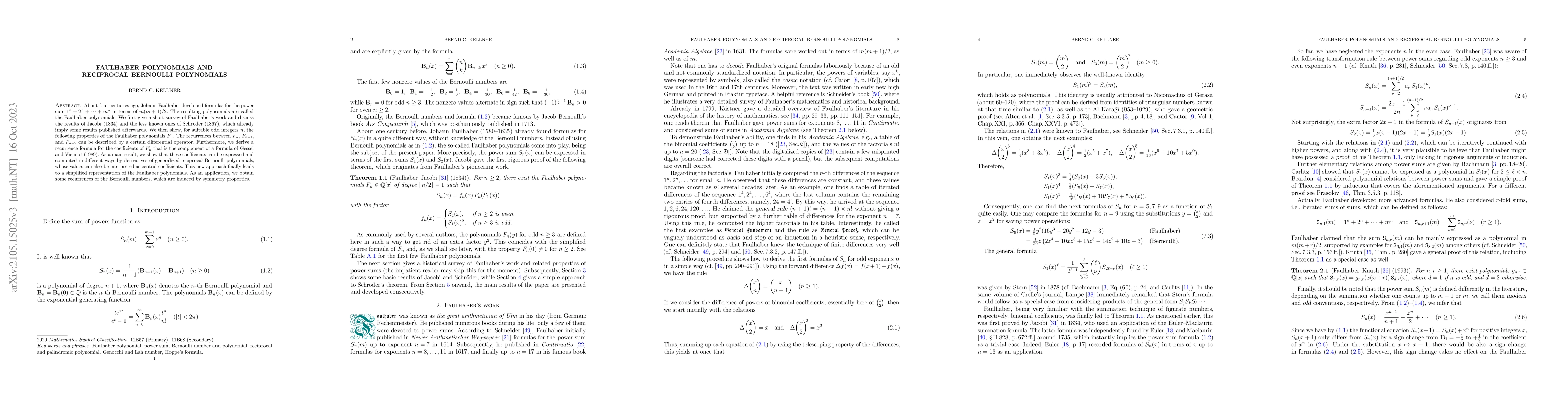 Thumbnail for Faulhaber polynomials and reciprocal Bernoulli polynomials