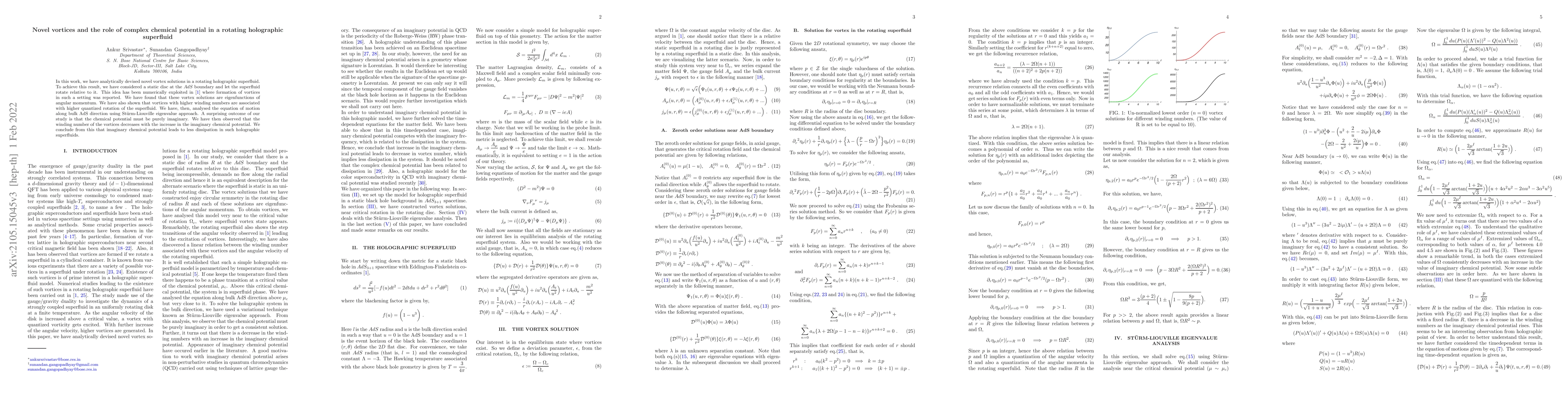 Thumbnail for Novel vortices and the role of complex chemical potential in a rotating
  holographic superfluid