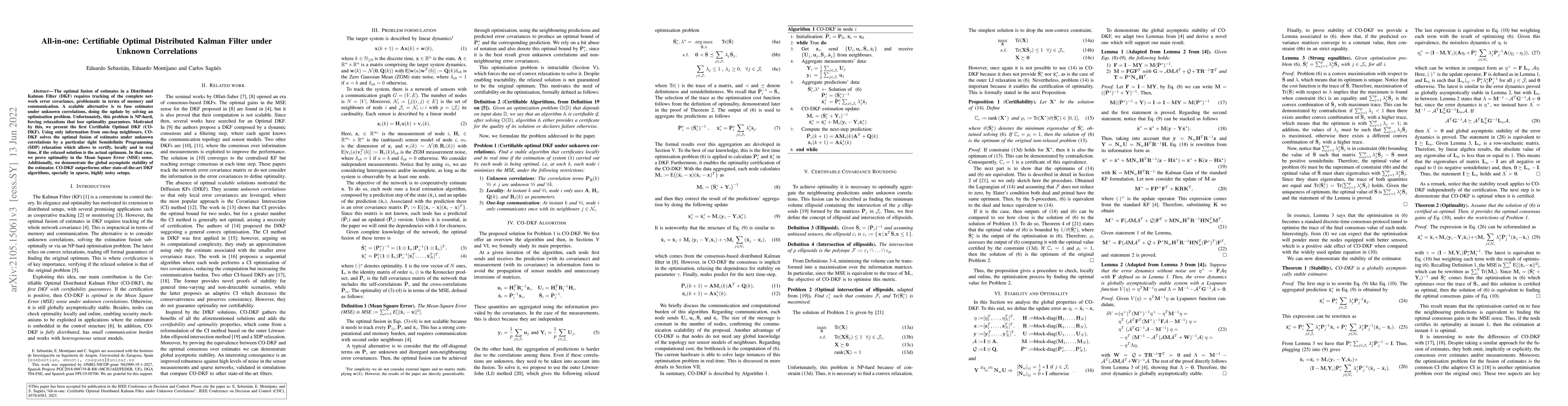 Thumbnail for All-in-one: Certifiable Optimal Distributed Kalman Filter under Unknown
  Correlations