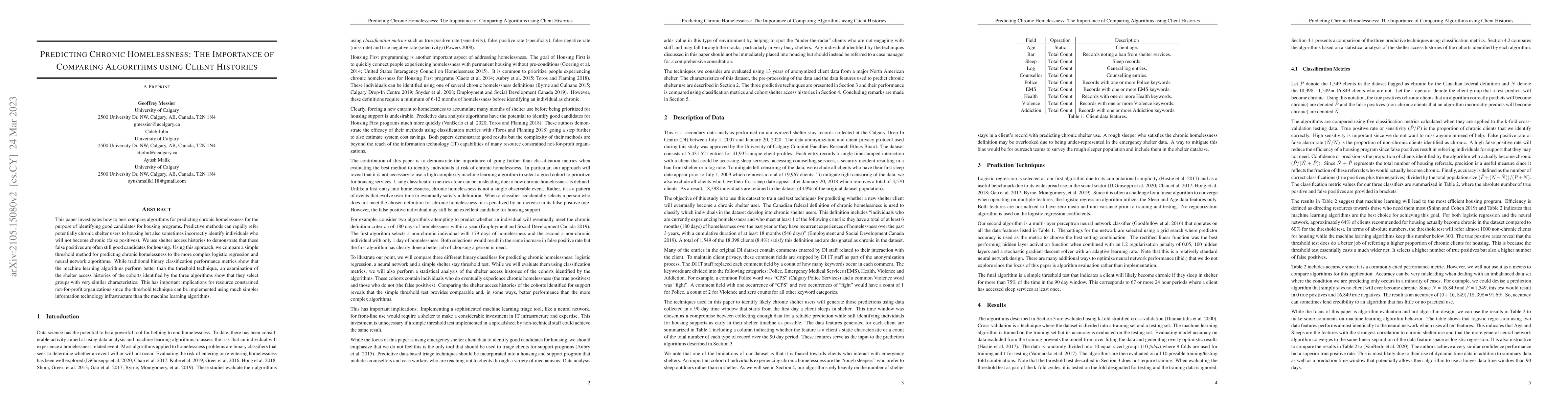Thumbnail for Predicting Chronic Homelessness: The Importance of Comparing Algorithms
  using Client Histories