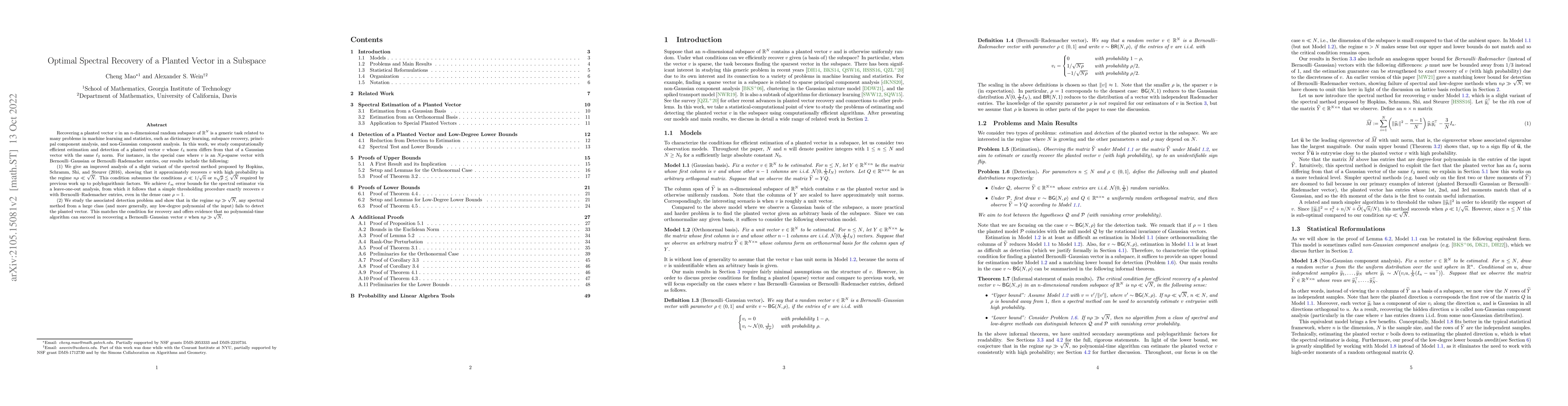 Thumbnail for Optimal Spectral Recovery of a Planted Vector in a Subspace