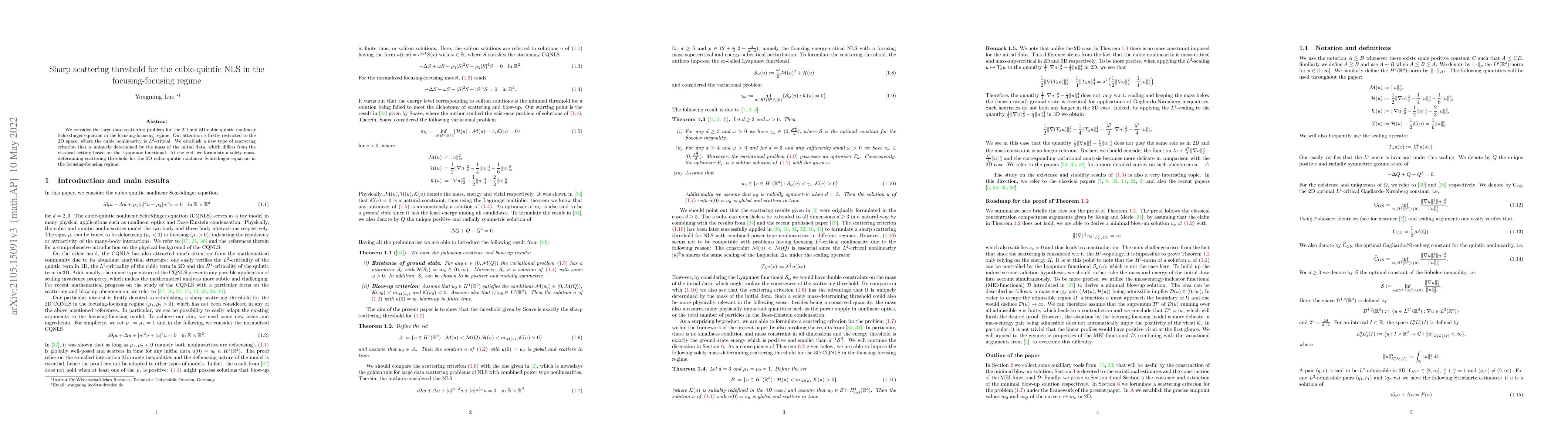 Thumbnail for Sharp scattering threshold for the cubic-quintic NLS in the
  focusing-focusing regime