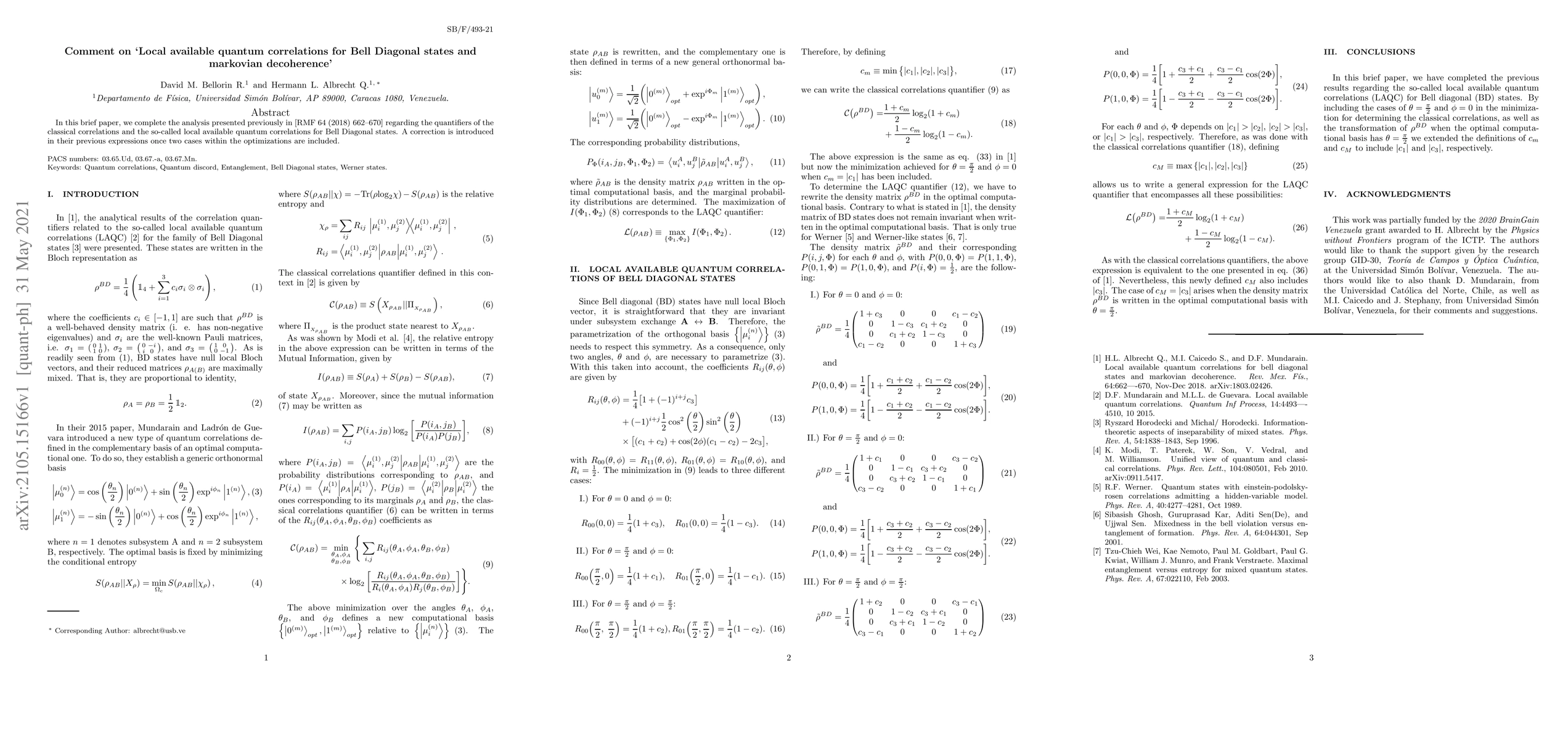 Thumbnail for Comment on `Local available quantum correlations for Bell Diagonal
  states and markovian decoherence'