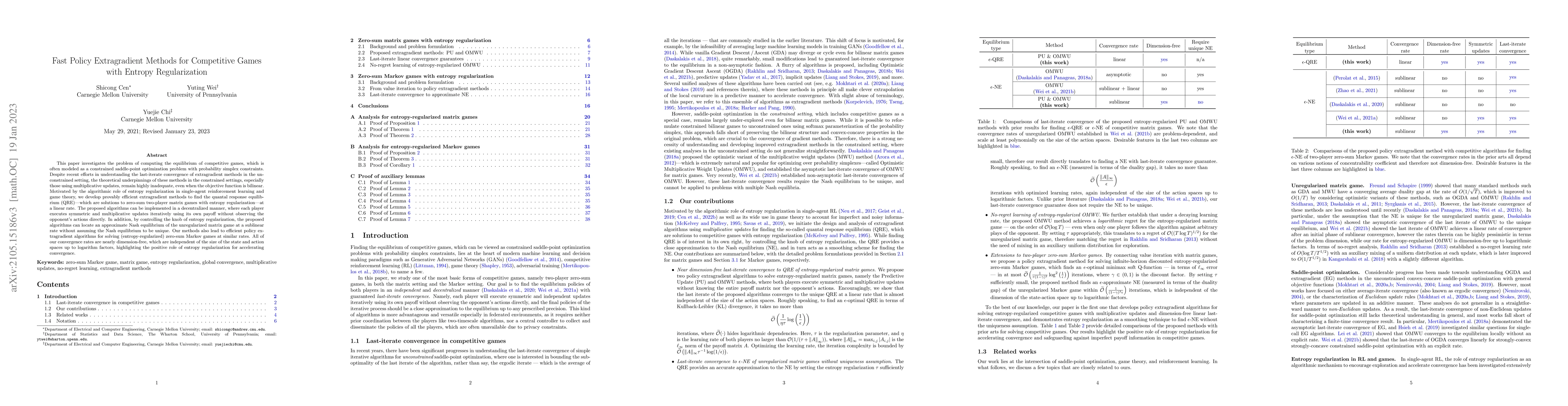 Thumbnail for Fast Policy Extragradient Methods for Competitive Games with Entropy
  Regularization