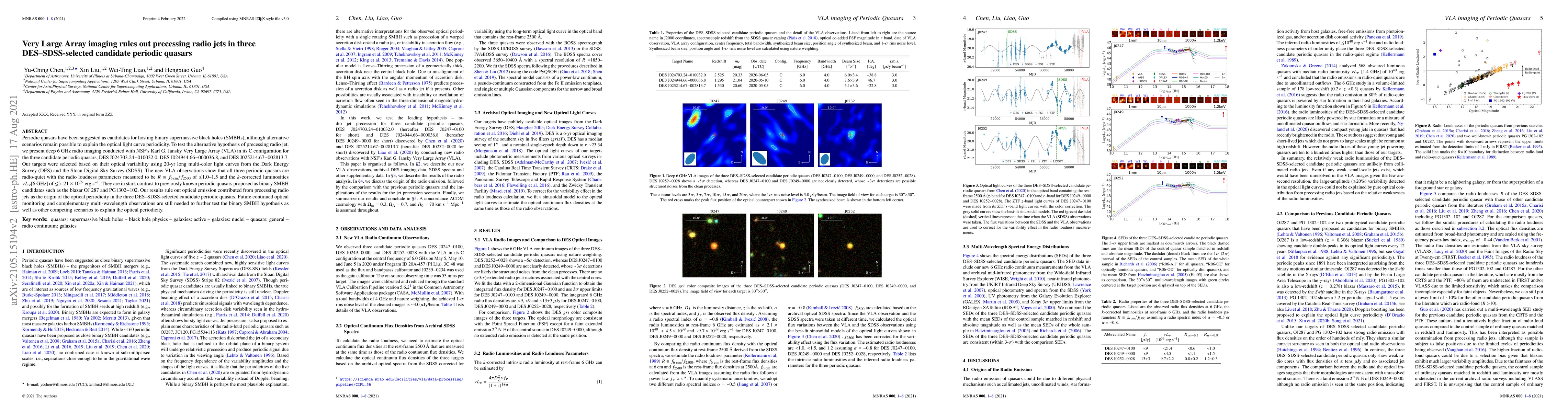 Thumbnail for Very Large Array imaging rules out precessing radio jets in three
  DES$-$SDSS-selected candidate periodic quasars