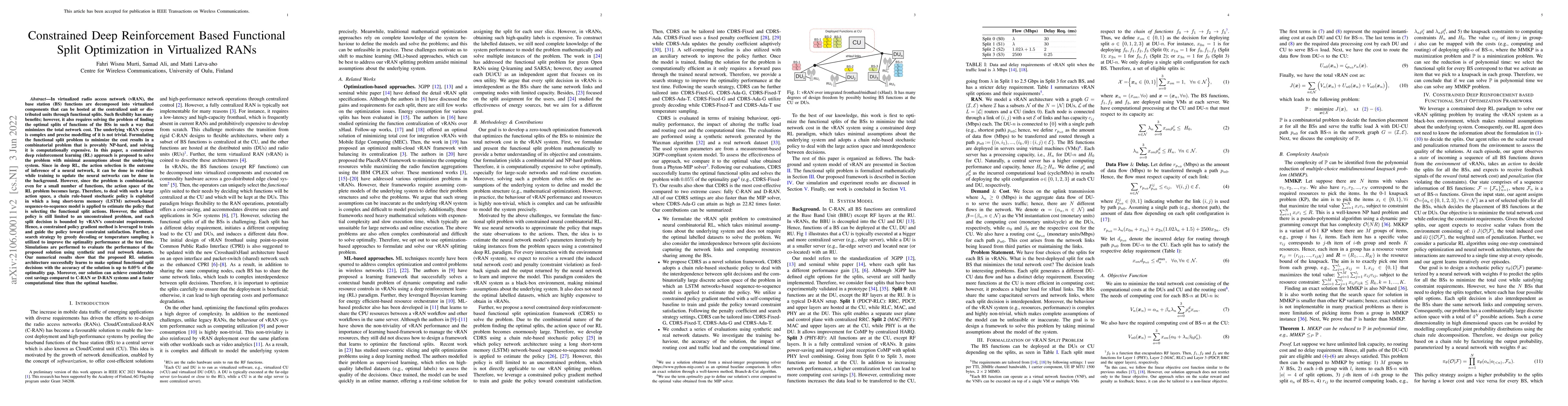 Thumbnail for Constrained Deep Reinforcement Based Functional Split Optimization in
  Virtualized RANs