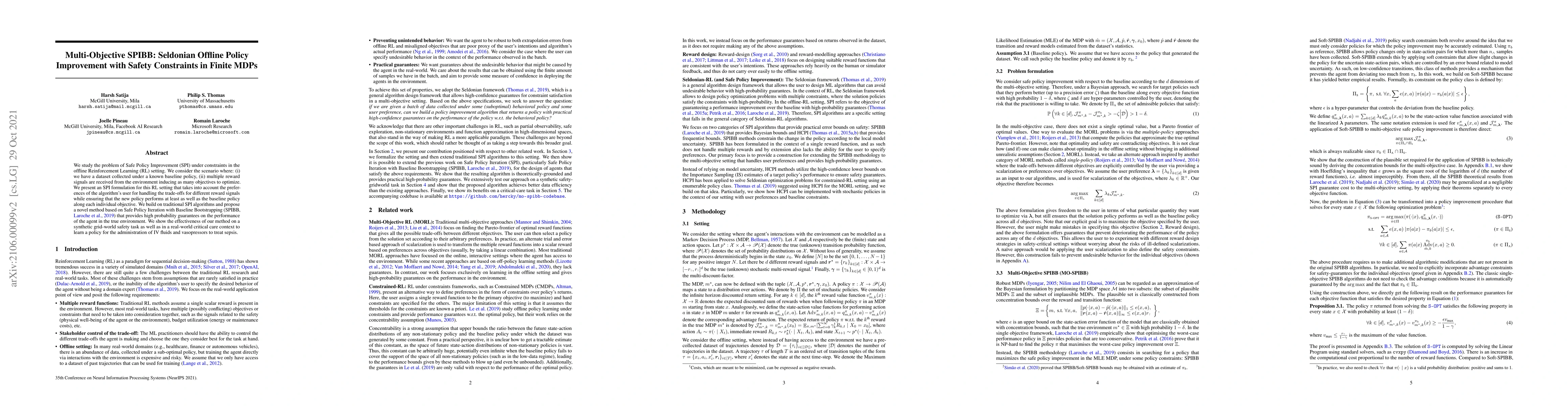 Thumbnail for Multi-Objective SPIBB: Seldonian Offline Policy Improvement with Safety
  Constraints in Finite MDPs
