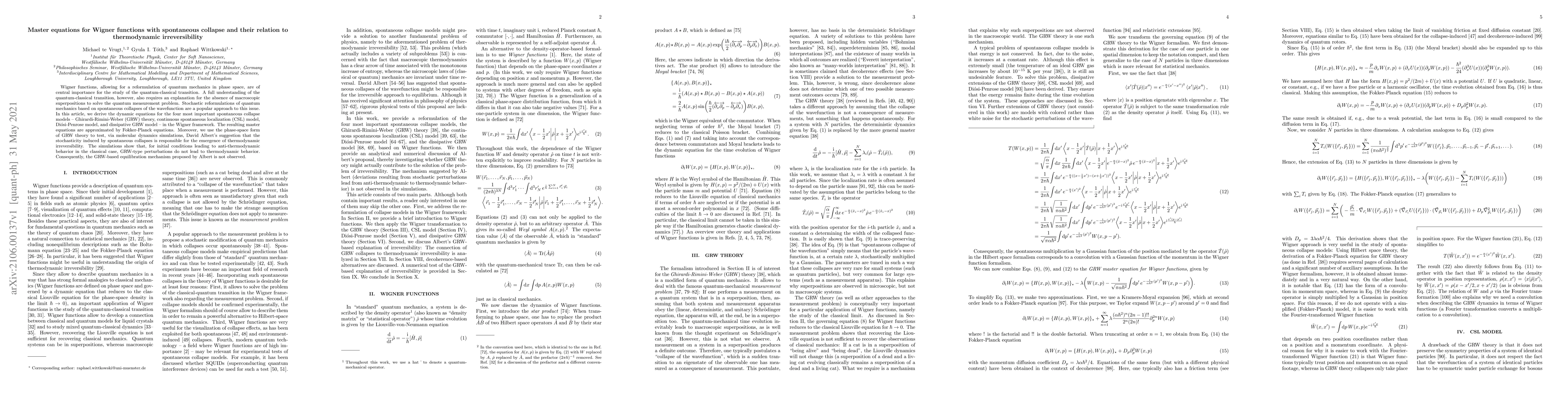 Thumbnail for Master equations for Wigner functions with spontaneous collapse and
  their relation to thermodynamic irreversibility