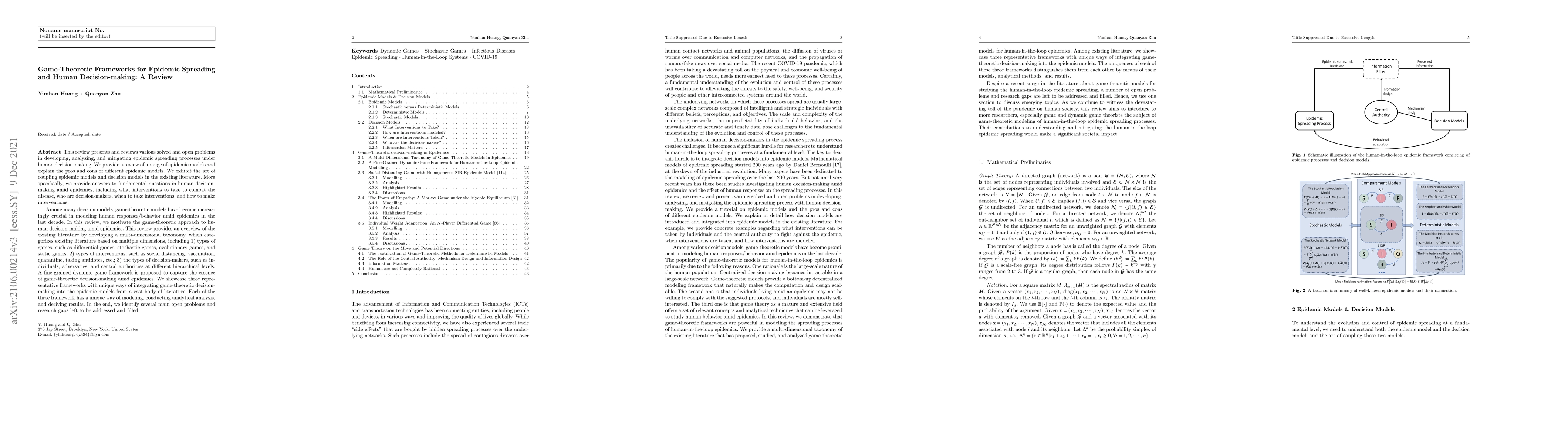 Thumbnail for Game-Theoretic Frameworks for Epidemic Spreading and Human Decision
  Making: A Review