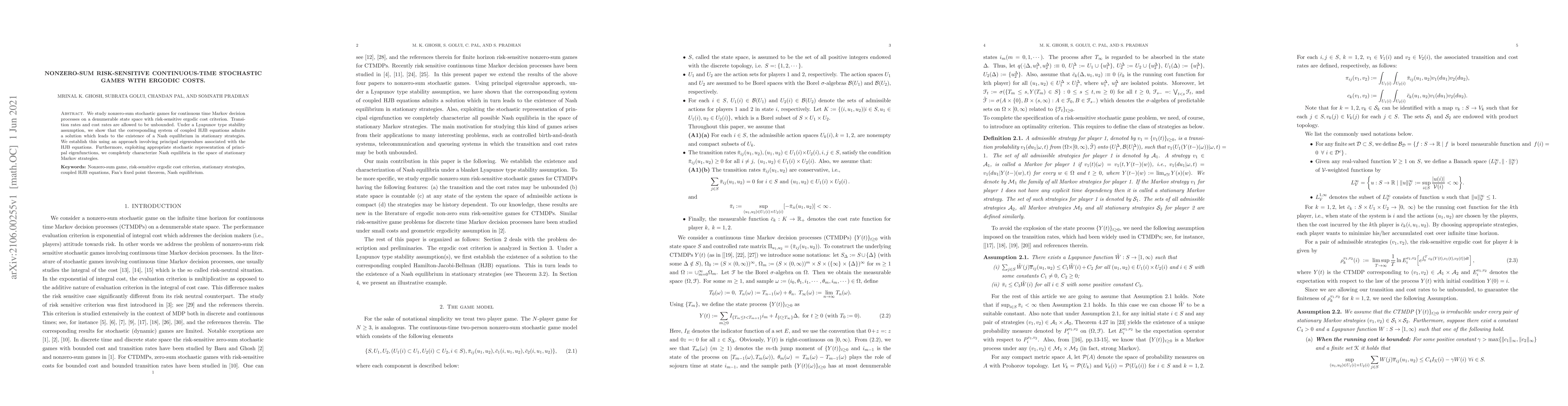 Thumbnail for Nonzero-sum risk-sensitive continuous-time stochastic games with ergodic
  costs