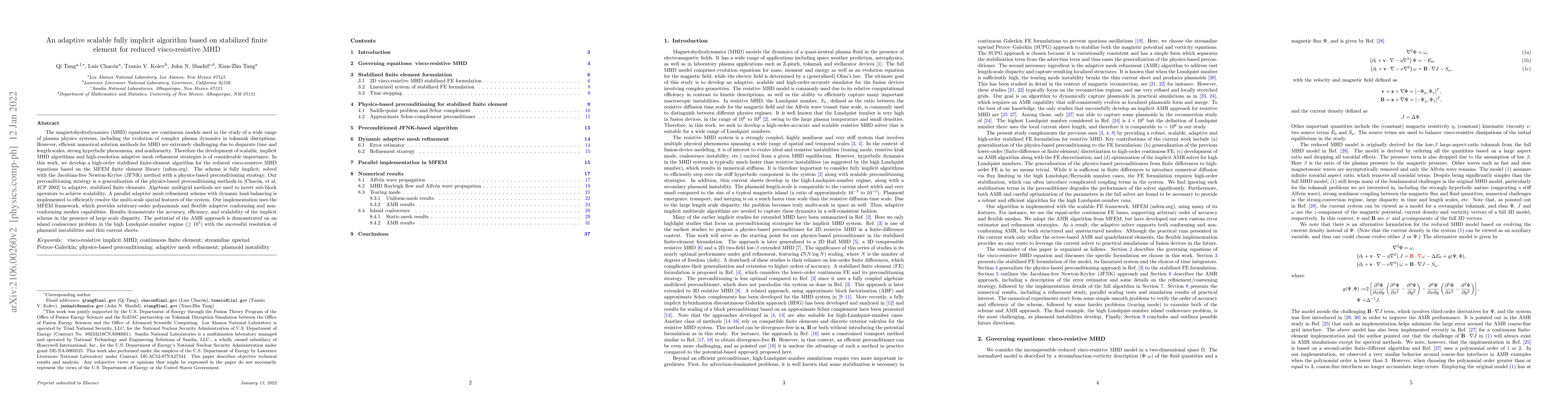 Thumbnail for An adaptive scalable fully implicit algorithm based on stabilized finite
  element for reduced visco-resistive MHD