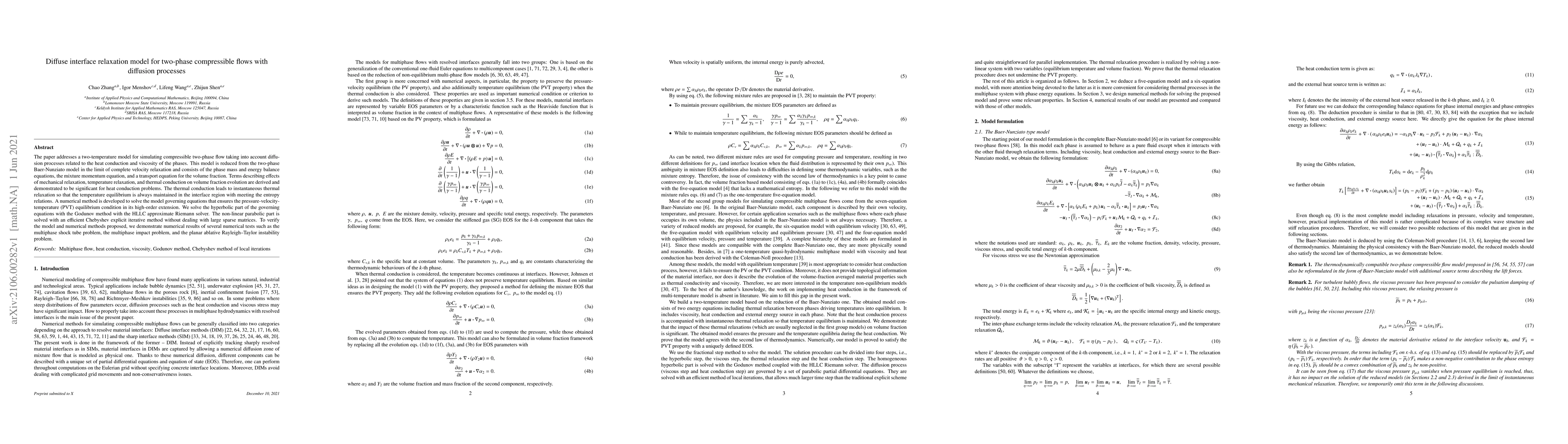Thumbnail for Diffuse interface relaxation model for two-phase compressible flows with
  diffusion processes