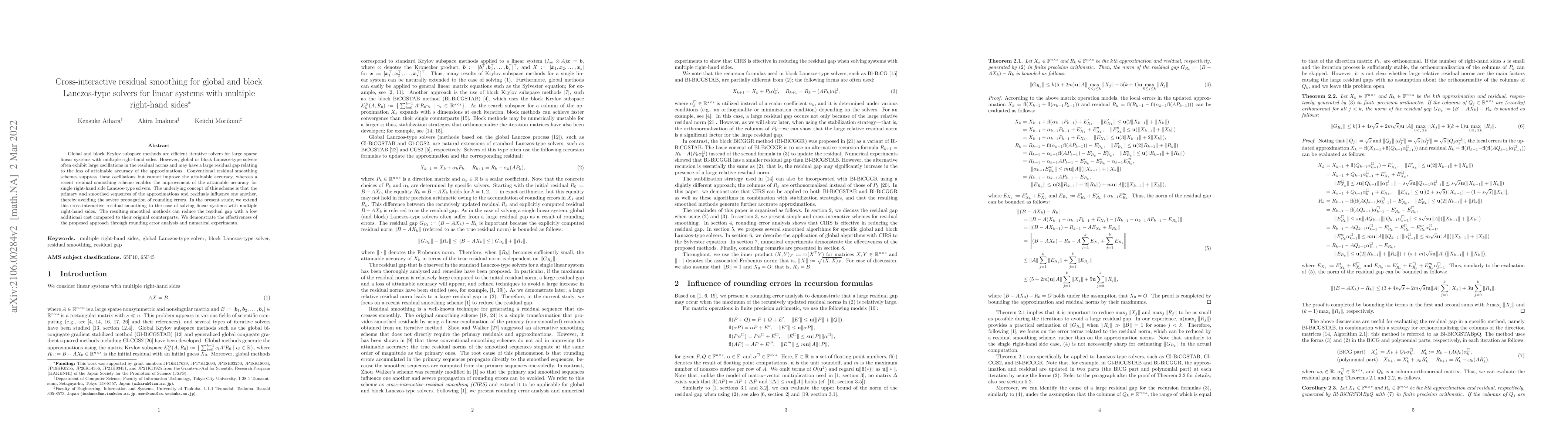 Thumbnail for Cross-interactive residual smoothing for global and block Lanczos-type
  solvers for linear systems with multiple right-hand sides