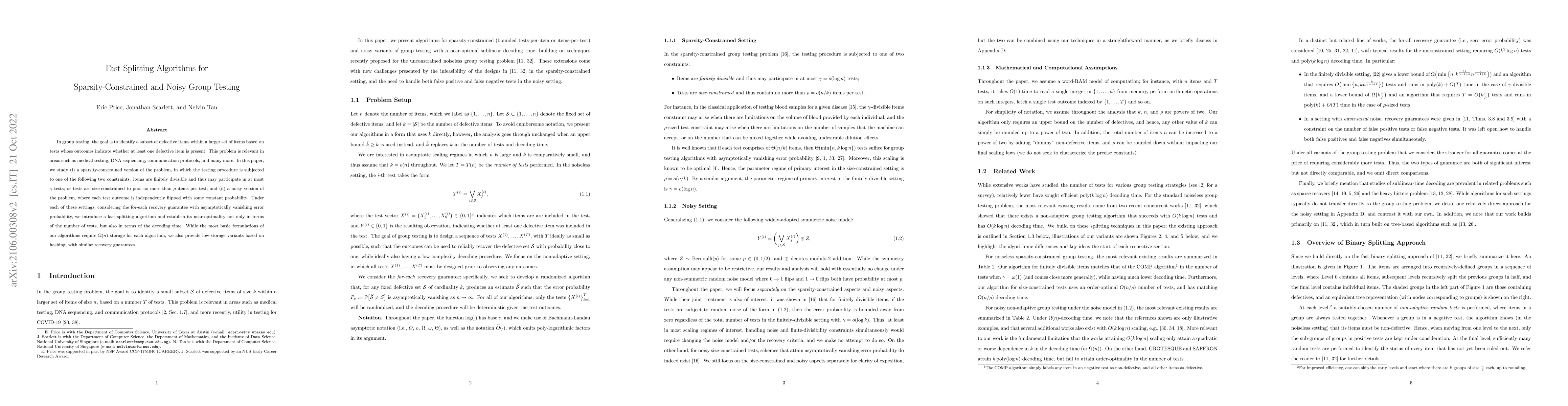 Thumbnail for Fast Splitting Algorithms for Sparsity-Constrained and Noisy Group
  Testing