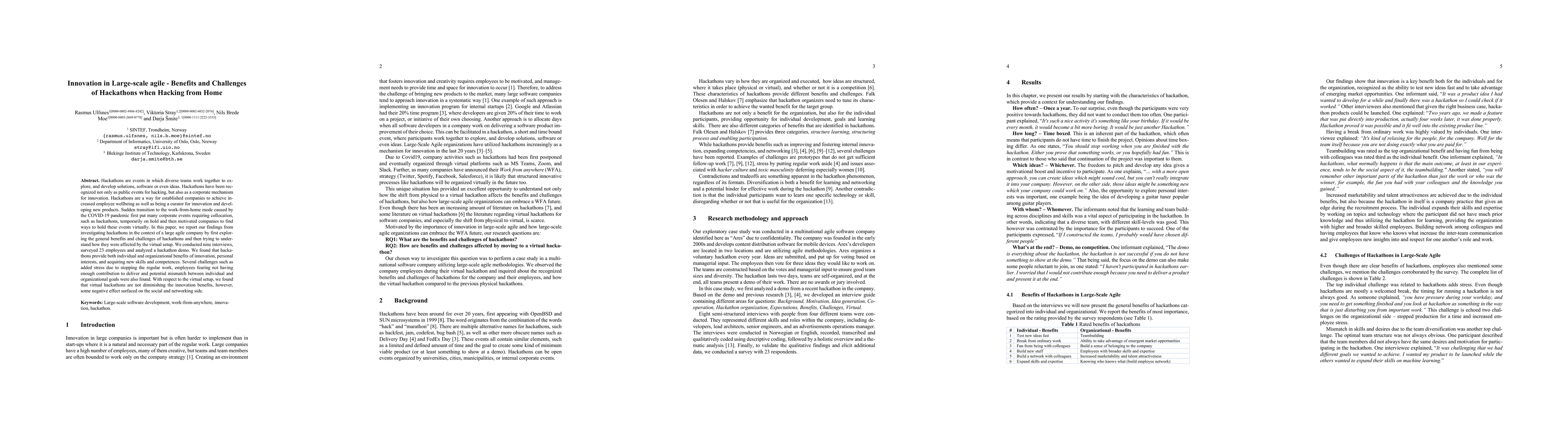 Thumbnail for Innovation in Large-scale agile -- Benefits and Challenges of Hackathons
  when Hacking from Home