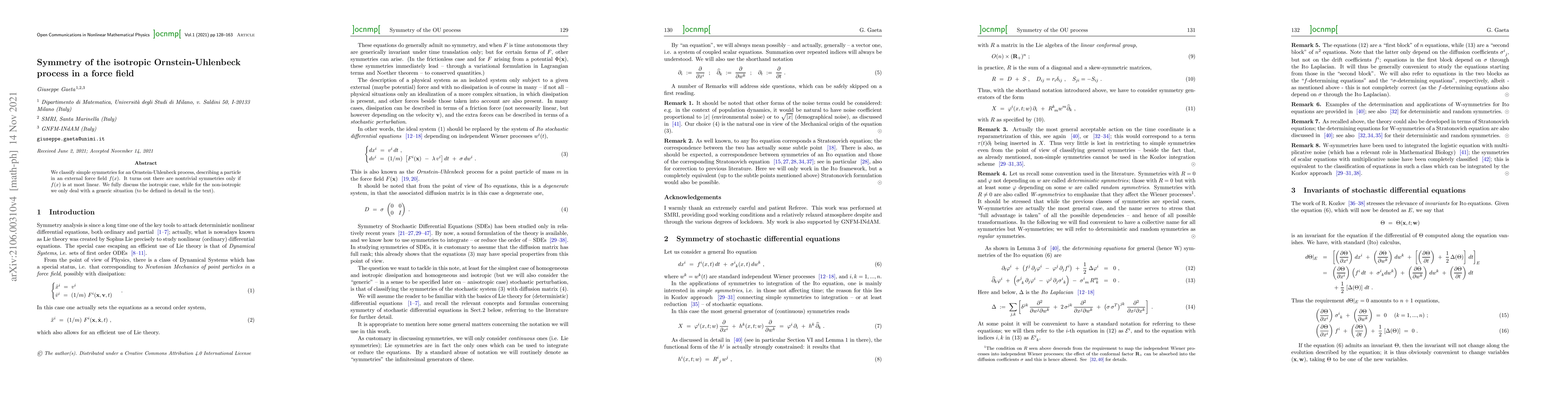 Thumbnail for Symmetry of the isotropic Ornstein-Uhlenbeck process in a force field