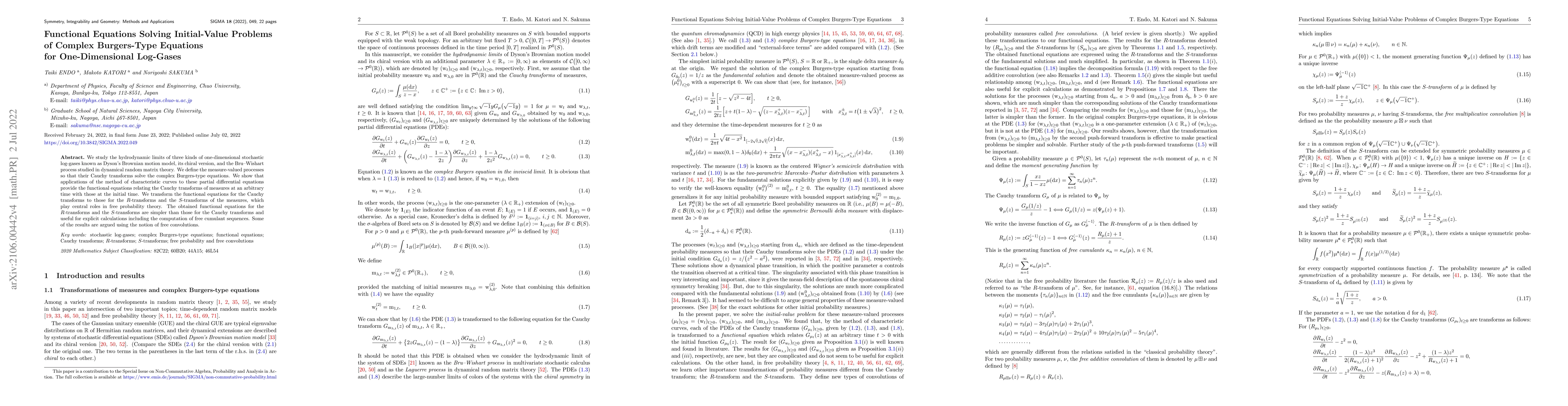 Thumbnail for Functional Equations Solving Initial-Value Problems of Complex
  Burgers-Type Equations for One-Dimensional Log-Gases
