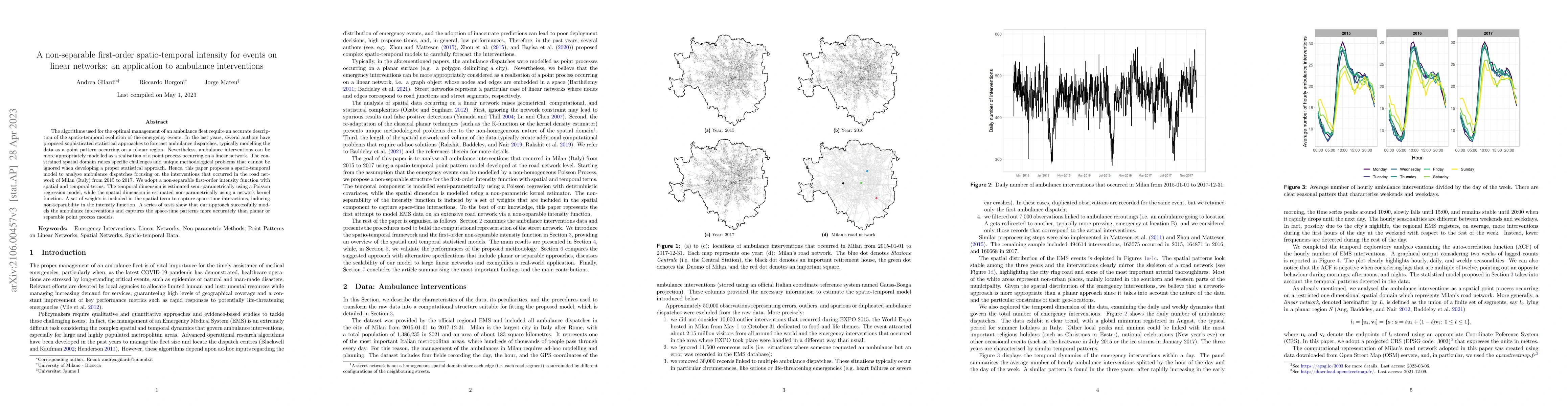 Thumbnail for A non-separable first-order spatio-temporal intensity for events on
  linear networks: an application to ambulance interventions