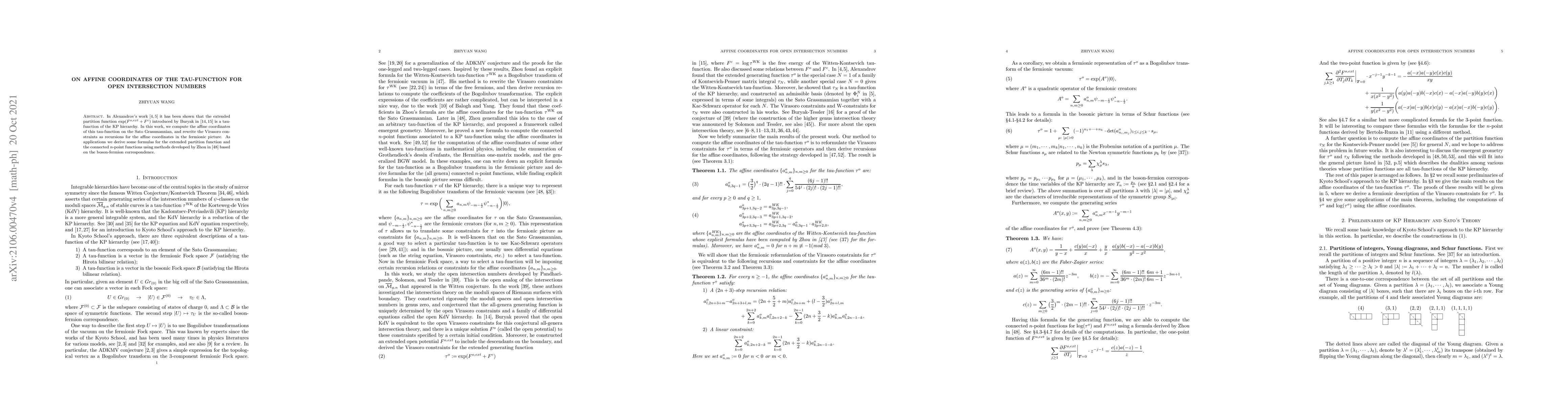 Thumbnail for On affine coordinates of the tau-function for open intersection numbers
