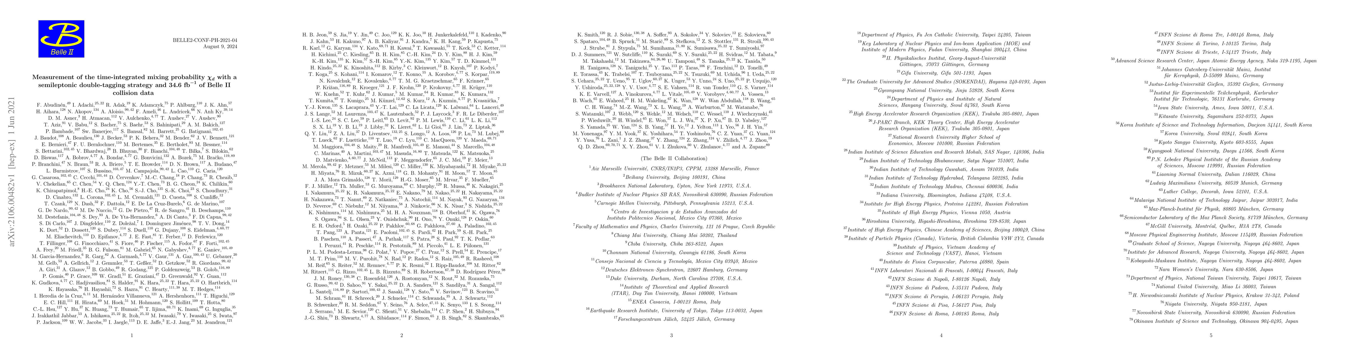 Thumbnail for Measurement of the time-integrated mixing probability $\chi_d$ with a
  semileptonic double-tagging strategy and $34.6 {\rm fb}^{-1}$ of Belle II
  collision data