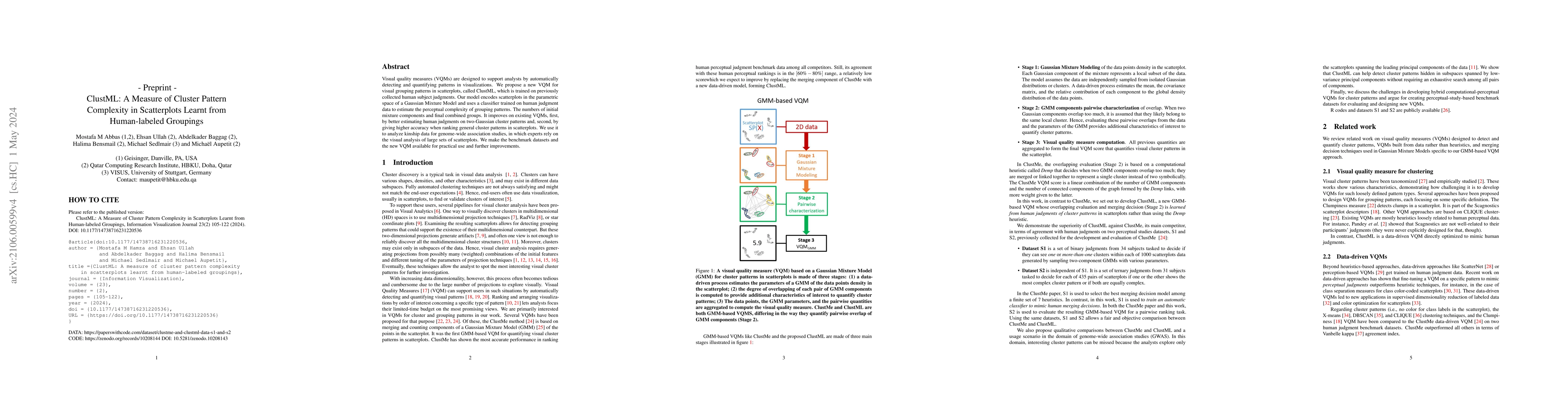 Thumbnail for ClustML: A Measure of Cluster Pattern Complexity in Scatterplots Learnt
  from Human-labeled Groupings