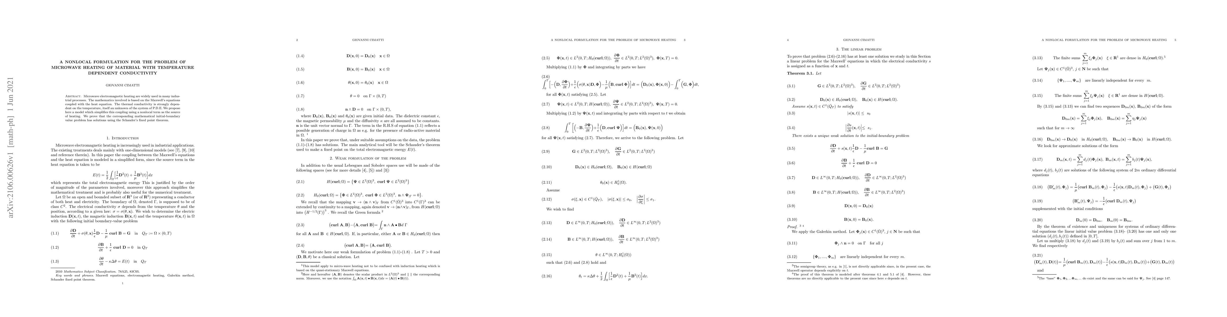 Thumbnail for A nonlocal formulation for the problem of microwave heating of material
  with temperature dependent conductivity