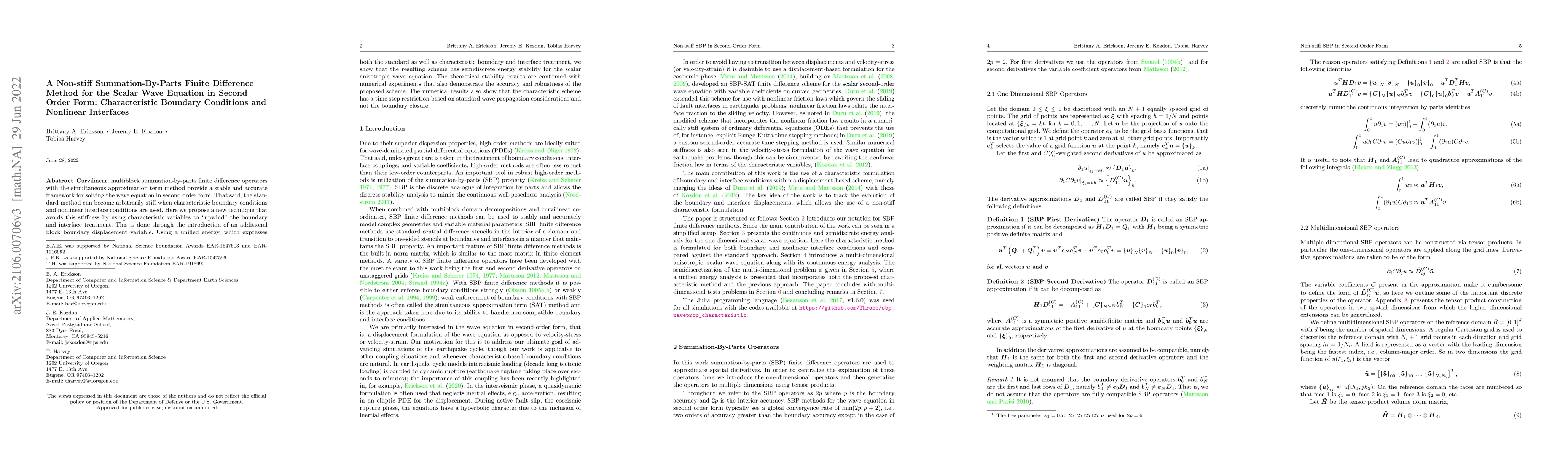 Thumbnail for A Non-stiff Summation-By-Parts Finite Difference Method for the Scalar
  Wave Equation in Second Order Form: Characteristic Boundary Conditions and
  Nonlinear Interfaces