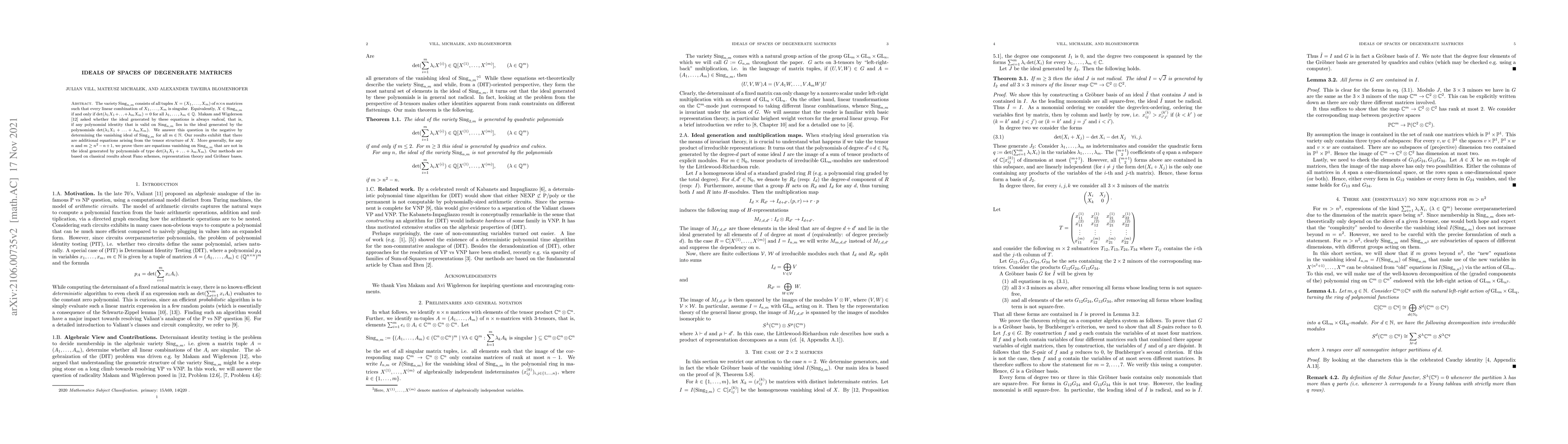 Thumbnail for Ideals of Spaces of Degenerate Matrices