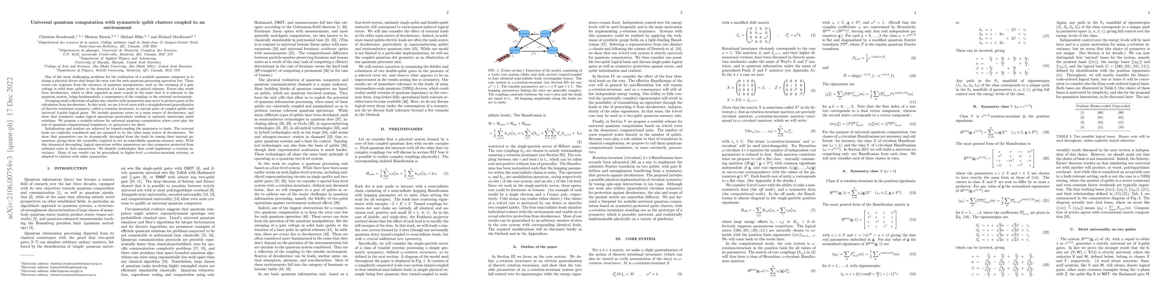 Thumbnail for Universal quantum computation with symmetric qubit clusters coupled to
  an environment