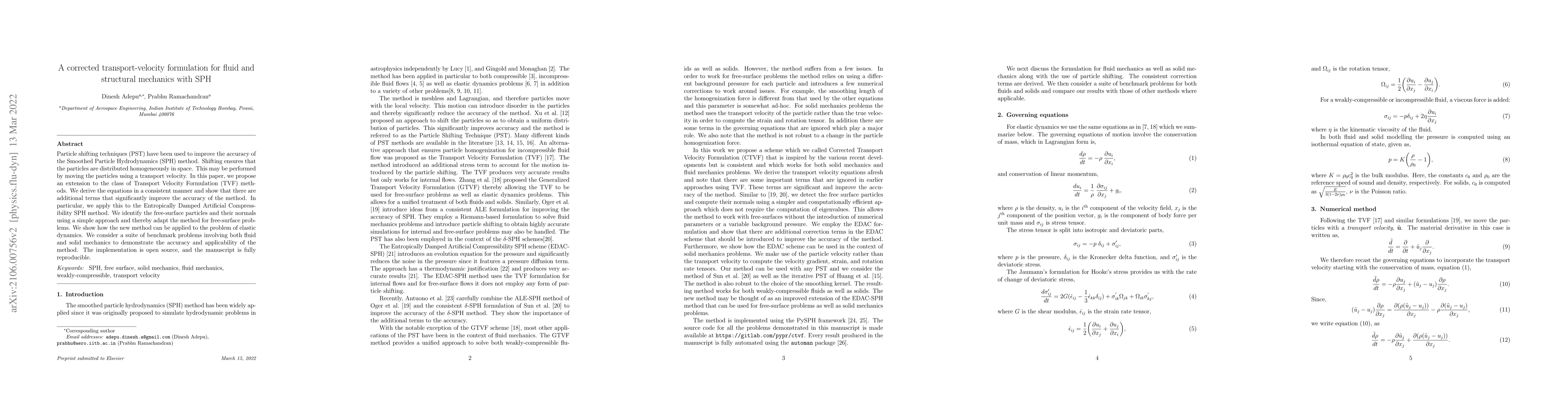 Thumbnail for A corrected transport-velocity formulation for fluid and structural
  mechanics with SPH