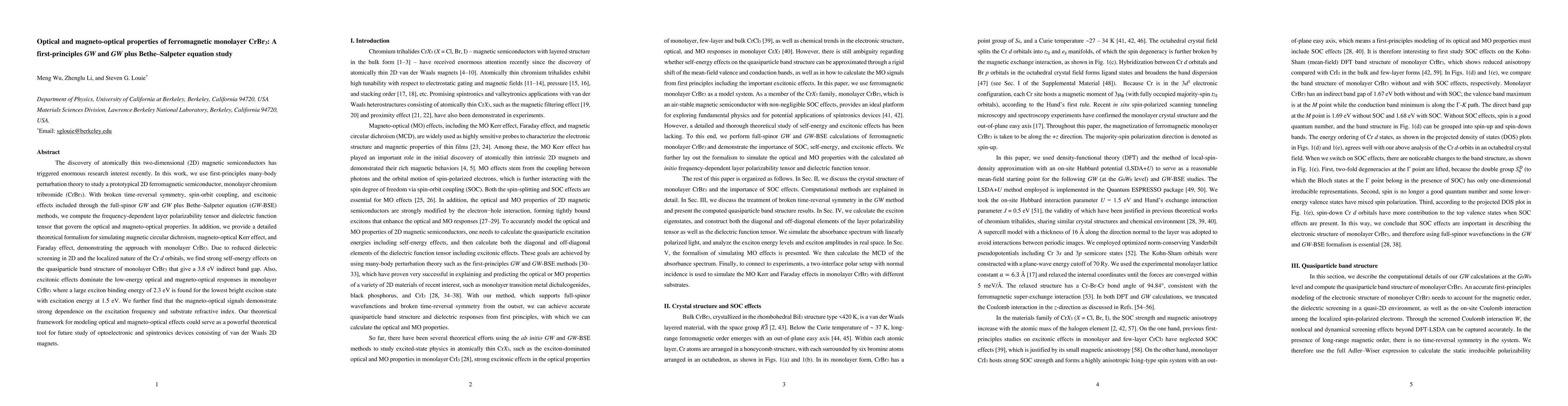 Thumbnail for Optical and magneto-optical properties of ferromagnetic monolayer
  CrBr$_3$: A first-principles $GW$ and $GW$ plus Bethe-Salpeter equation study