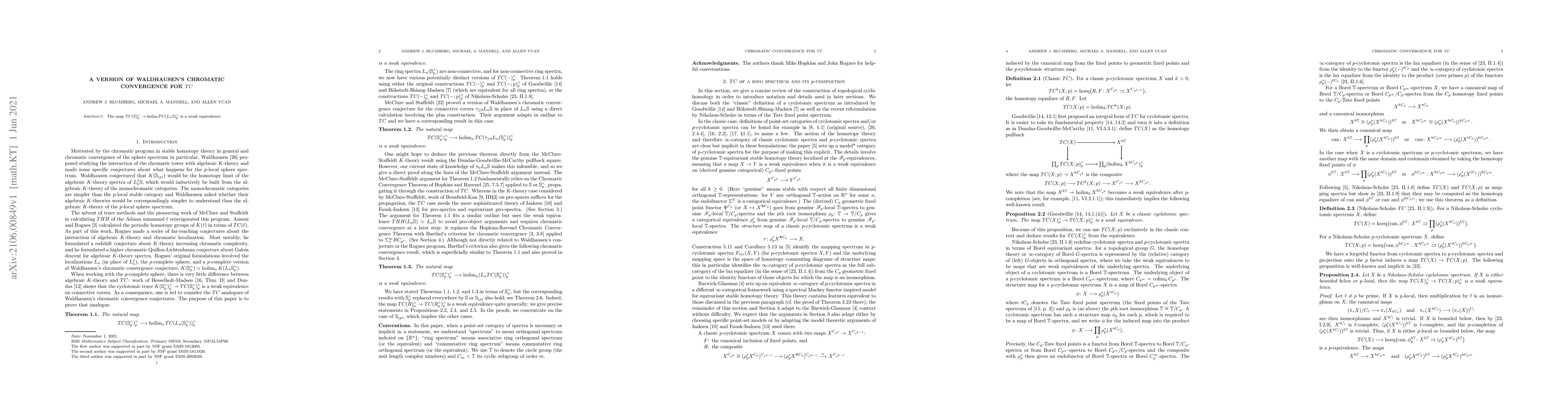 Thumbnail for A version of Waldhausen's chromatic convergence for $TC$