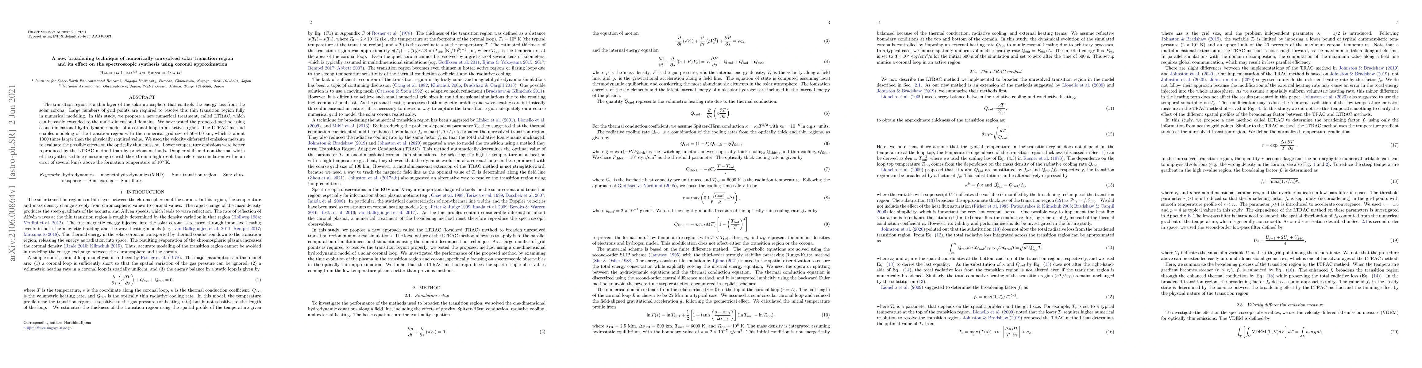 Thumbnail for A new broadening technique of numerically unresolved solar transition
  region and its effect on the spectroscopic synthesis using coronal
  approximation
