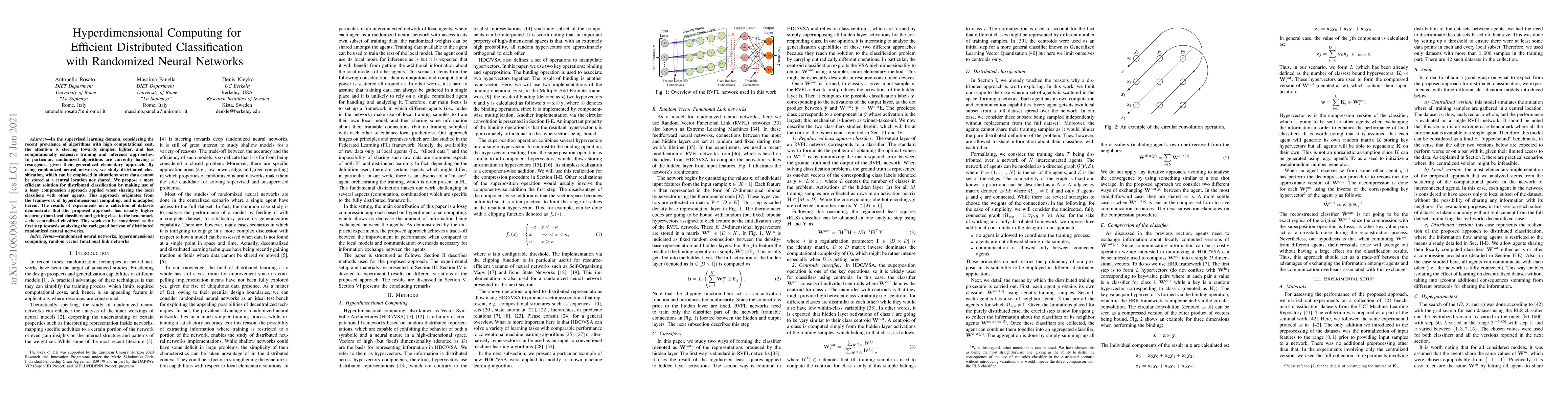 Thumbnail for Hyperdimensional Computing for Efficient Distributed Classification with
  Randomized Neural Networks