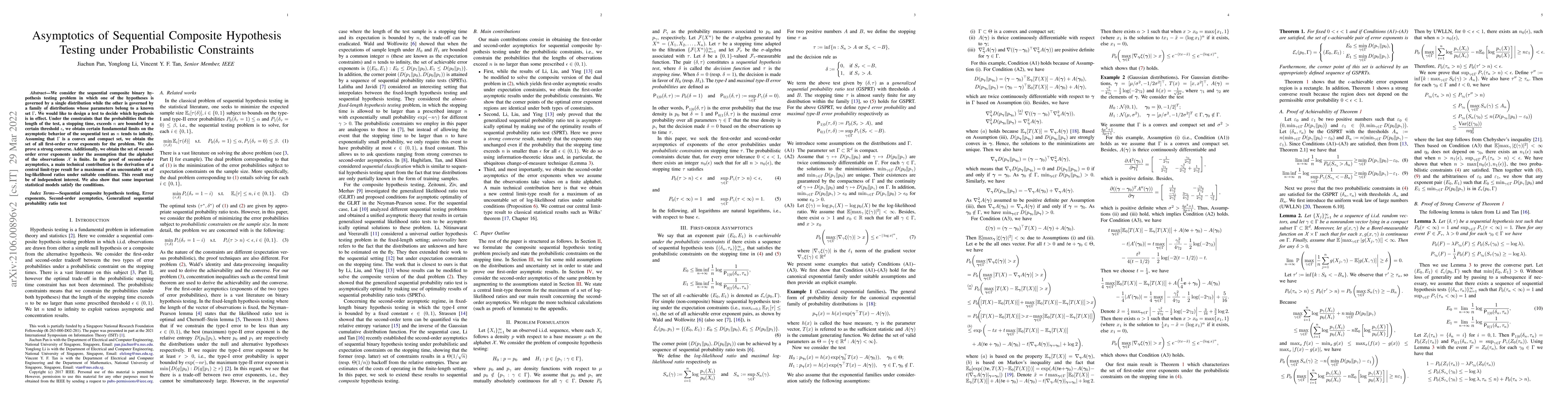 Thumbnail for Asymptotics of Sequential Composite Hypothesis Testing under
  Probabilistic Constraints