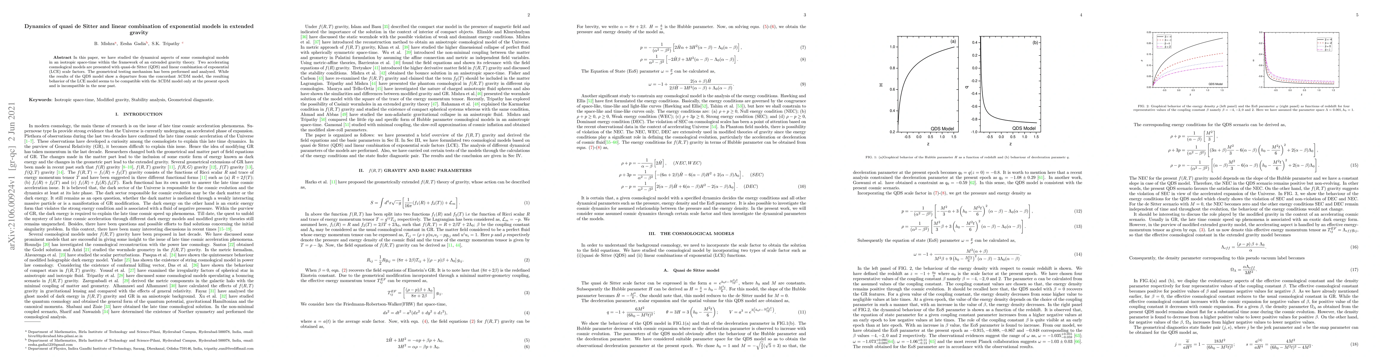 Thumbnail for Dynamics of quasi de Sitter and linear combination of exponential models
  in extended gravity