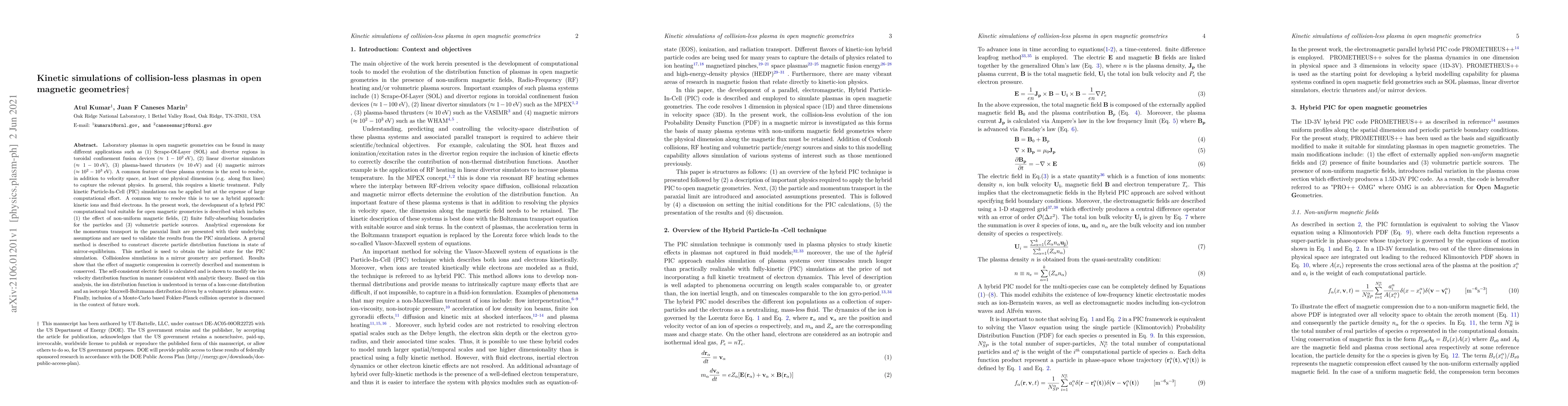 Thumbnail for Kinetic simulations of collision-less plasmas in open magnetic
  geometries