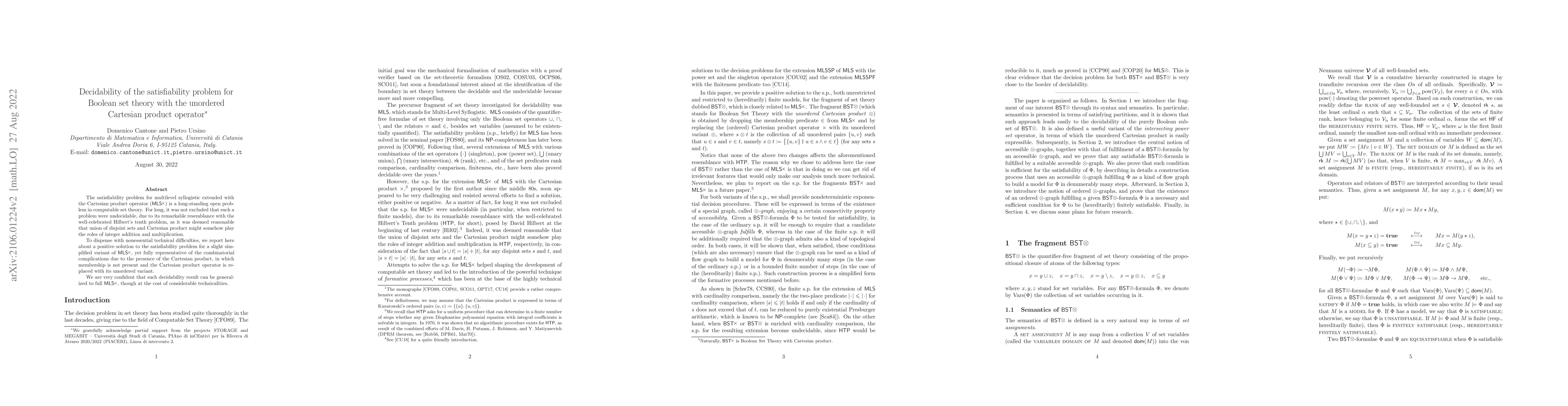 Thumbnail for Decidability of the satisfiability problem for Boolean set theory with
  the unordered Cartesian product operator