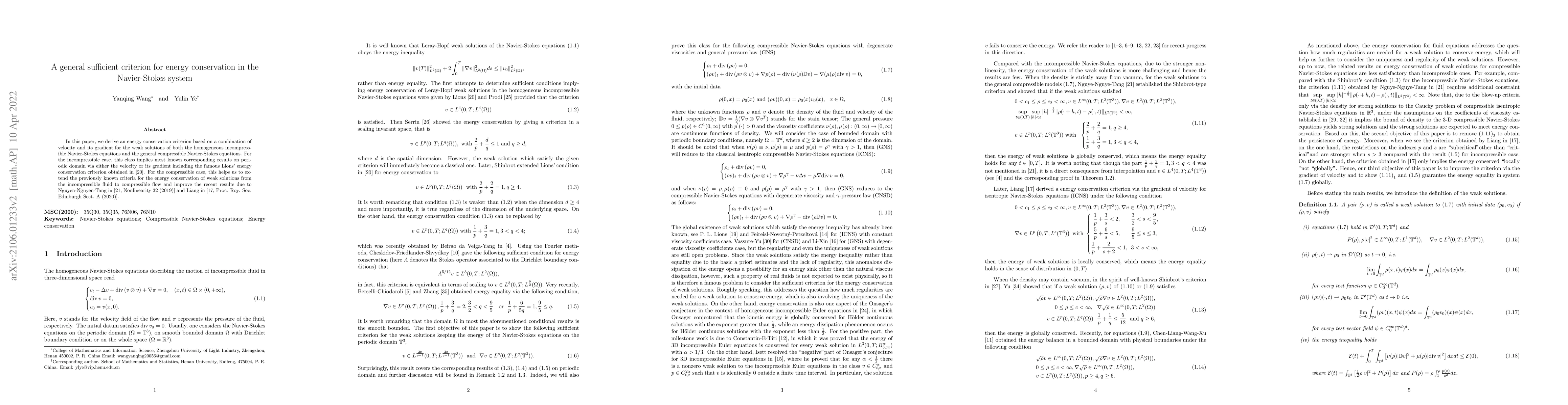 Thumbnail for A general sufficient criterion for energy conservation in the
  Navier-Stokes system