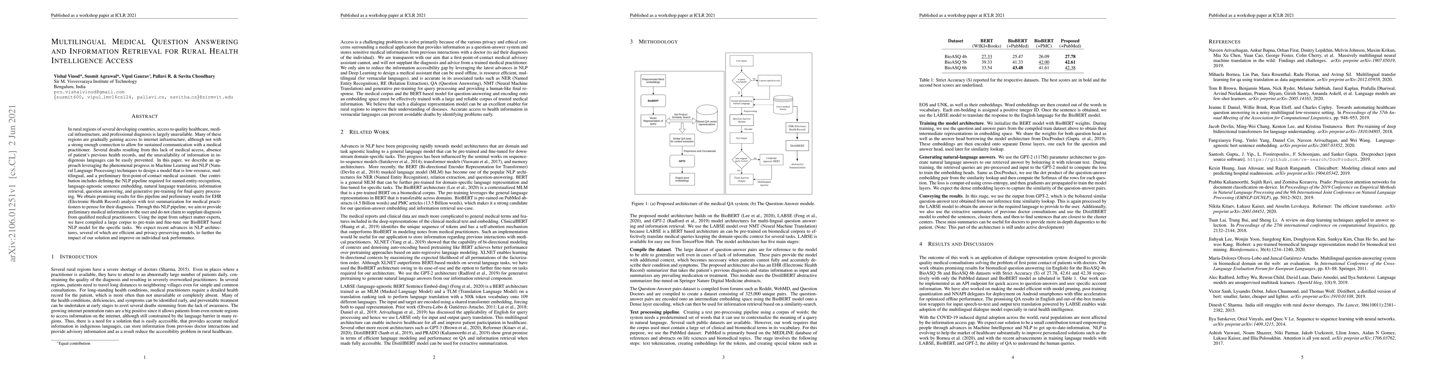 Thumbnail for Multilingual Medical Question Answering and Information Retrieval for
  Rural Health Intelligence Access
