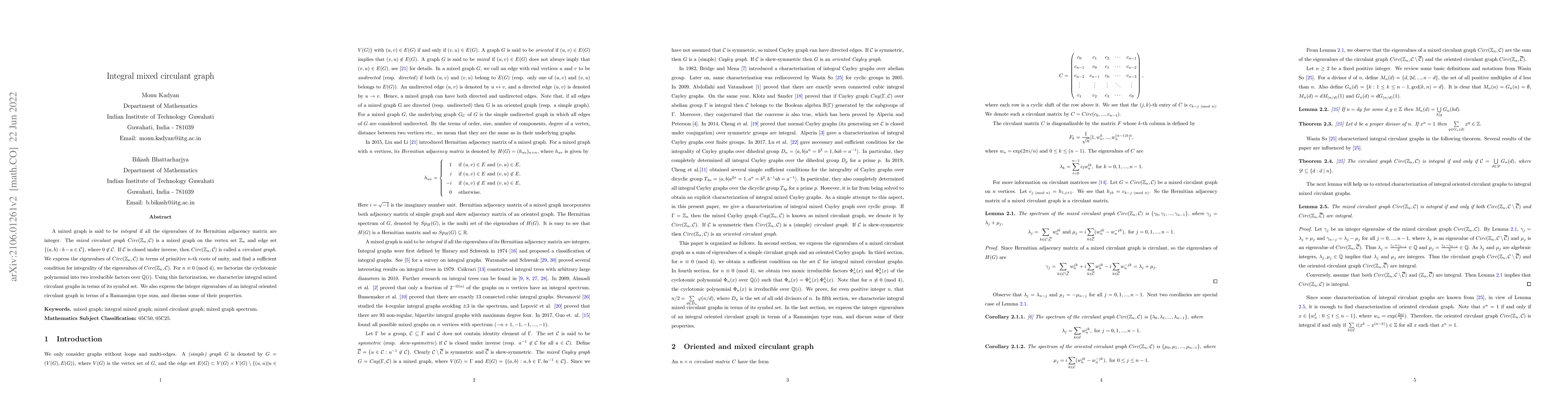 Thumbnail for Integral mixed circulant graph