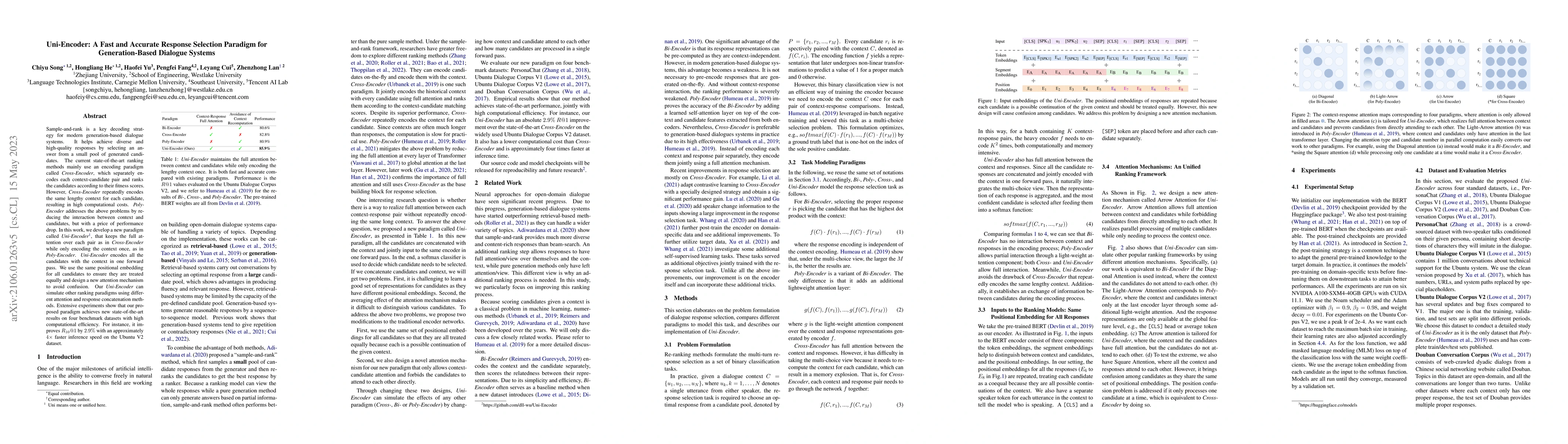 Thumbnail for Uni-Encoder: A Fast and Accurate Response Selection Paradigm for
  Generation-Based Dialogue Systems