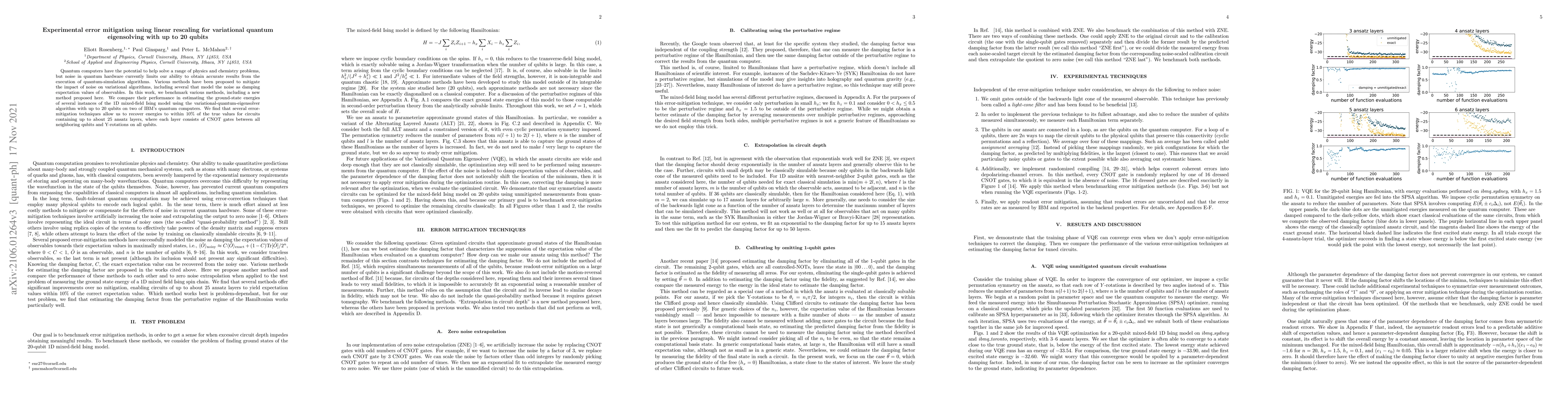 Thumbnail for Experimental error mitigation using linear rescaling for variational
  quantum eigensolving with up to 20 qubits