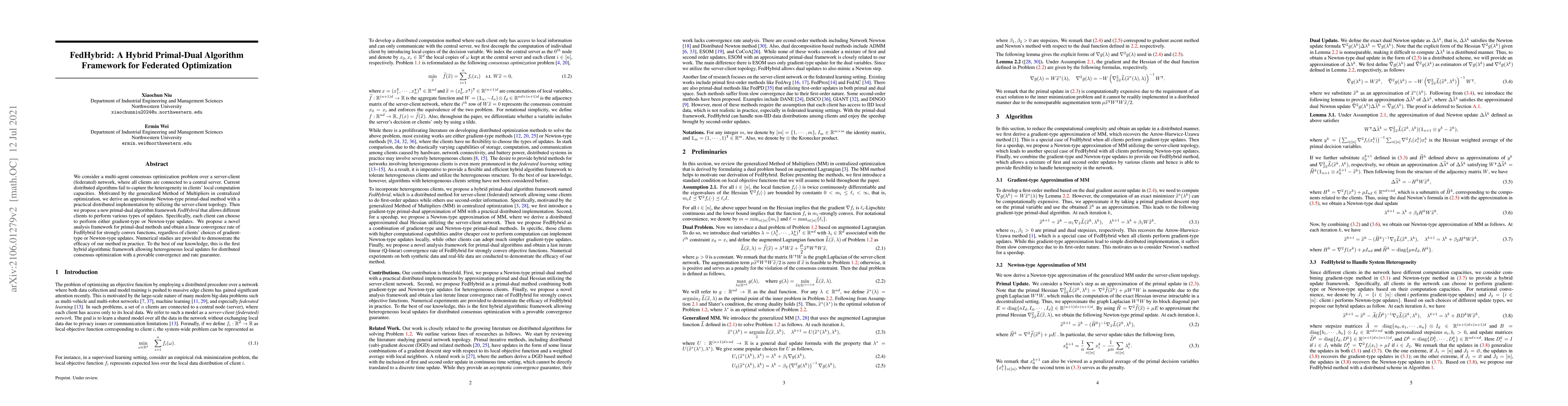 Thumbnail for FedHybrid: A Hybrid Primal-Dual Algorithm Framework for Federated
  Optimization