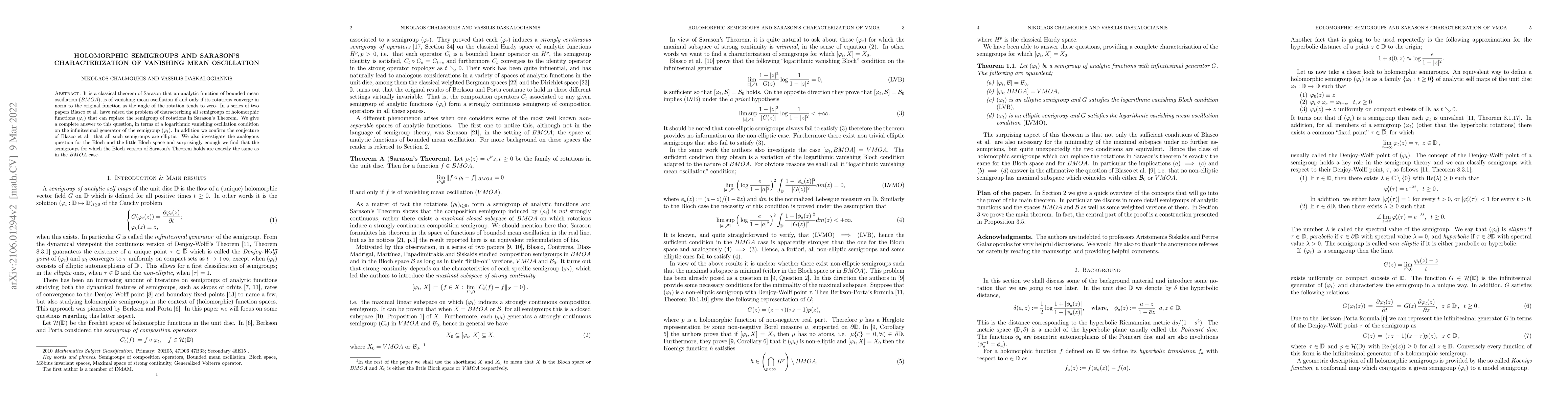 Thumbnail for Holomorphic semigroups and Sarason's characterization of vanishing mean
  oscillation